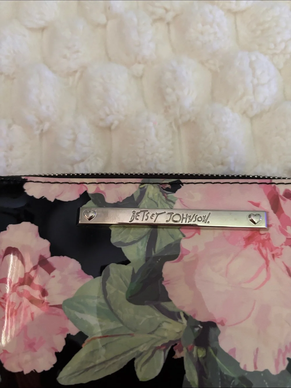 Betsey Johnson Black Patent Floral Wristlet with Pink Roses